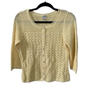 L.L. BEAN Linen Cotton Button Front Crochet Cardigan Sweater Yellow SP